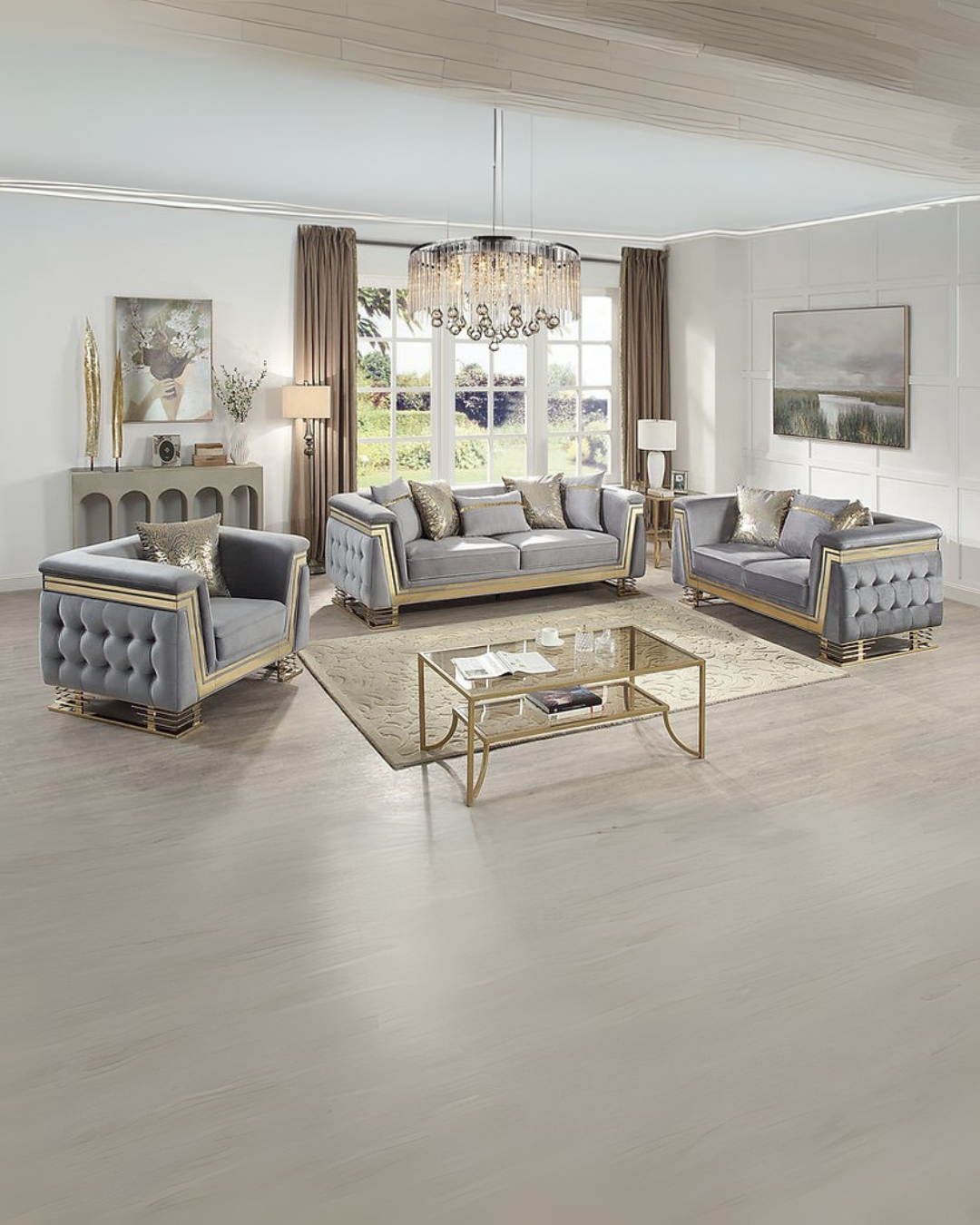 Slate Grey Velvet Living Room Set with Gold Accents and Modern Coffee Table – Small Space Luxe