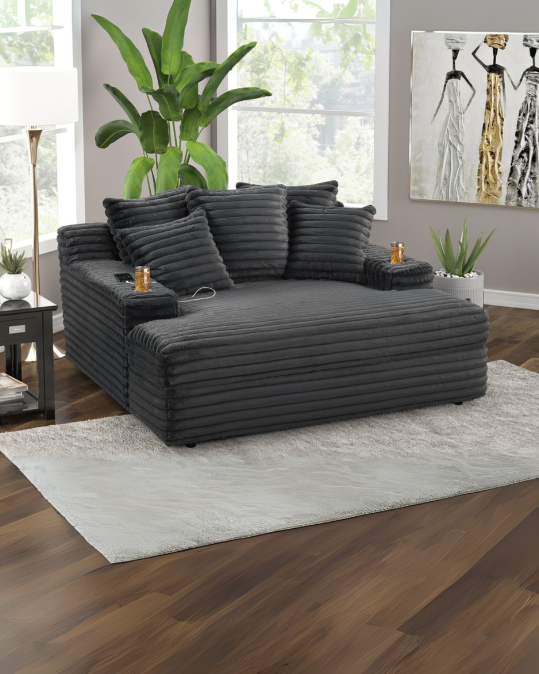 Gray Plush Channel-Tufted Loveseat Chaise for Modern Living Rooms & Small Spaces