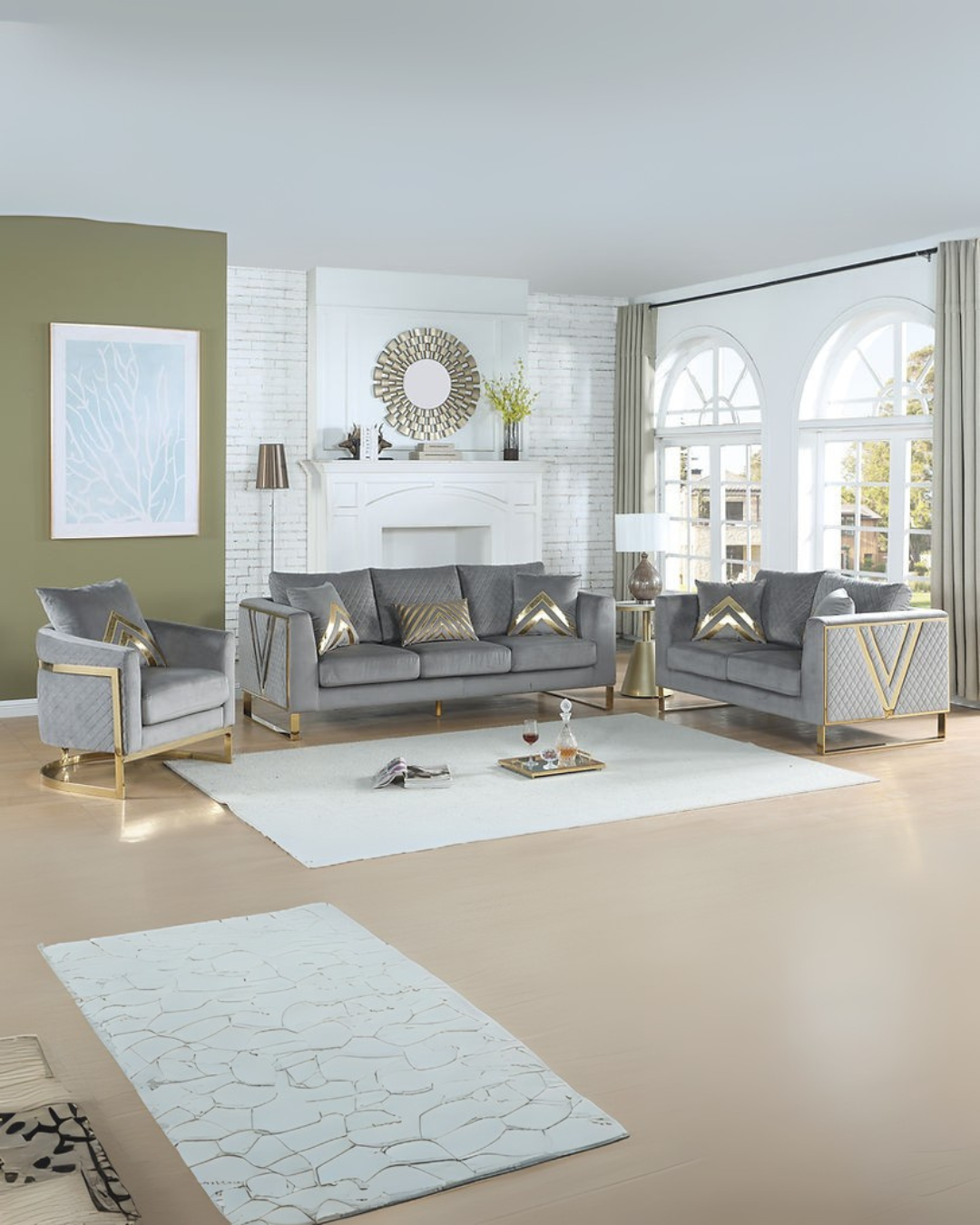 Modern Glam Velvet Living Room Set with Gold Accents – Space-Saving Sofa & Loveseat Suite in White