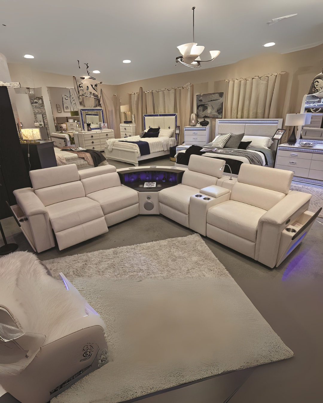 Warm Cream Leather Reclining Sectional Sofa Set with Cup Holders \u0026 Sto, image size:1080x1350