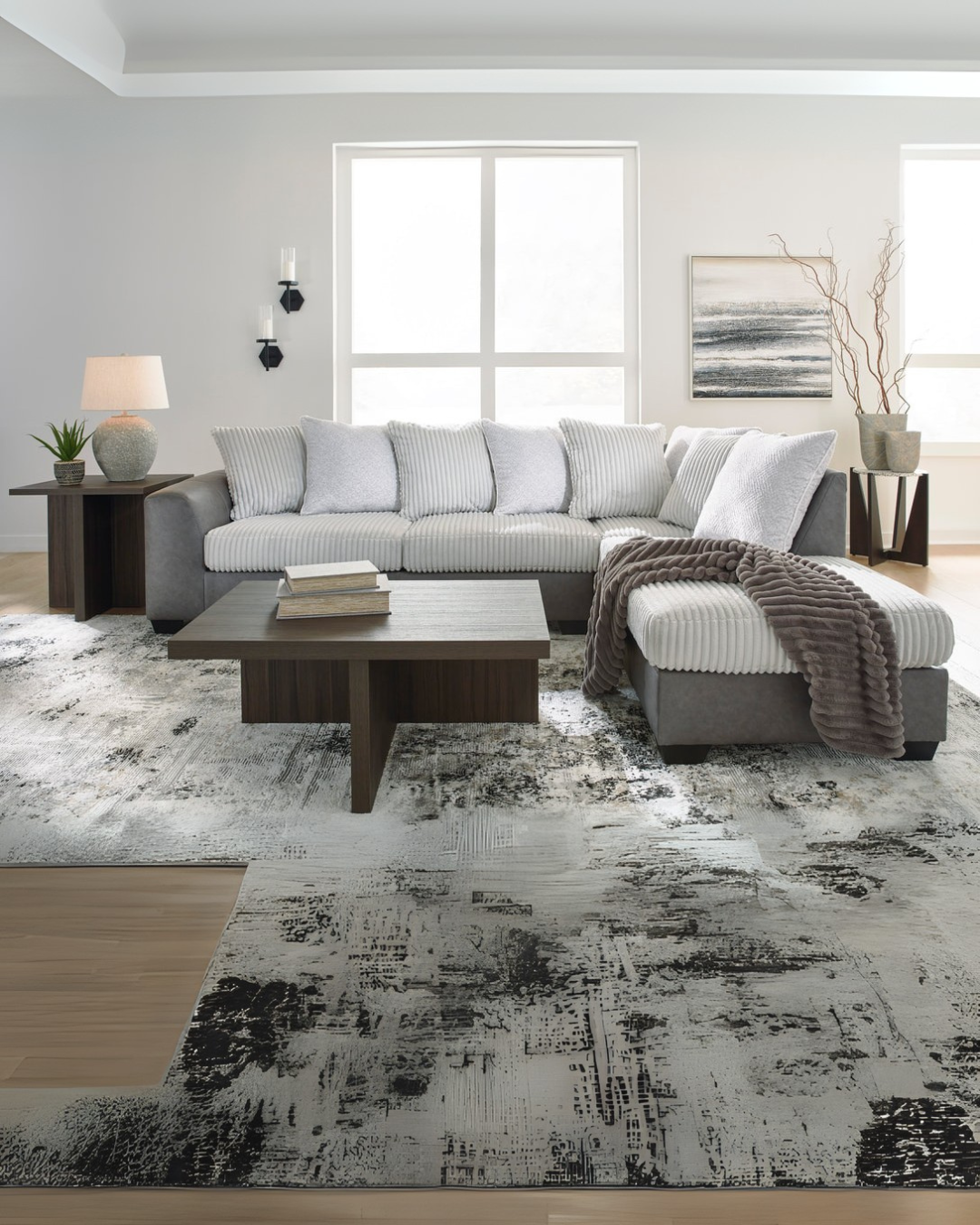 Modern Taupe & White Corduroy Sectional Sofa – Space-Saving Comfort for Living Rooms
