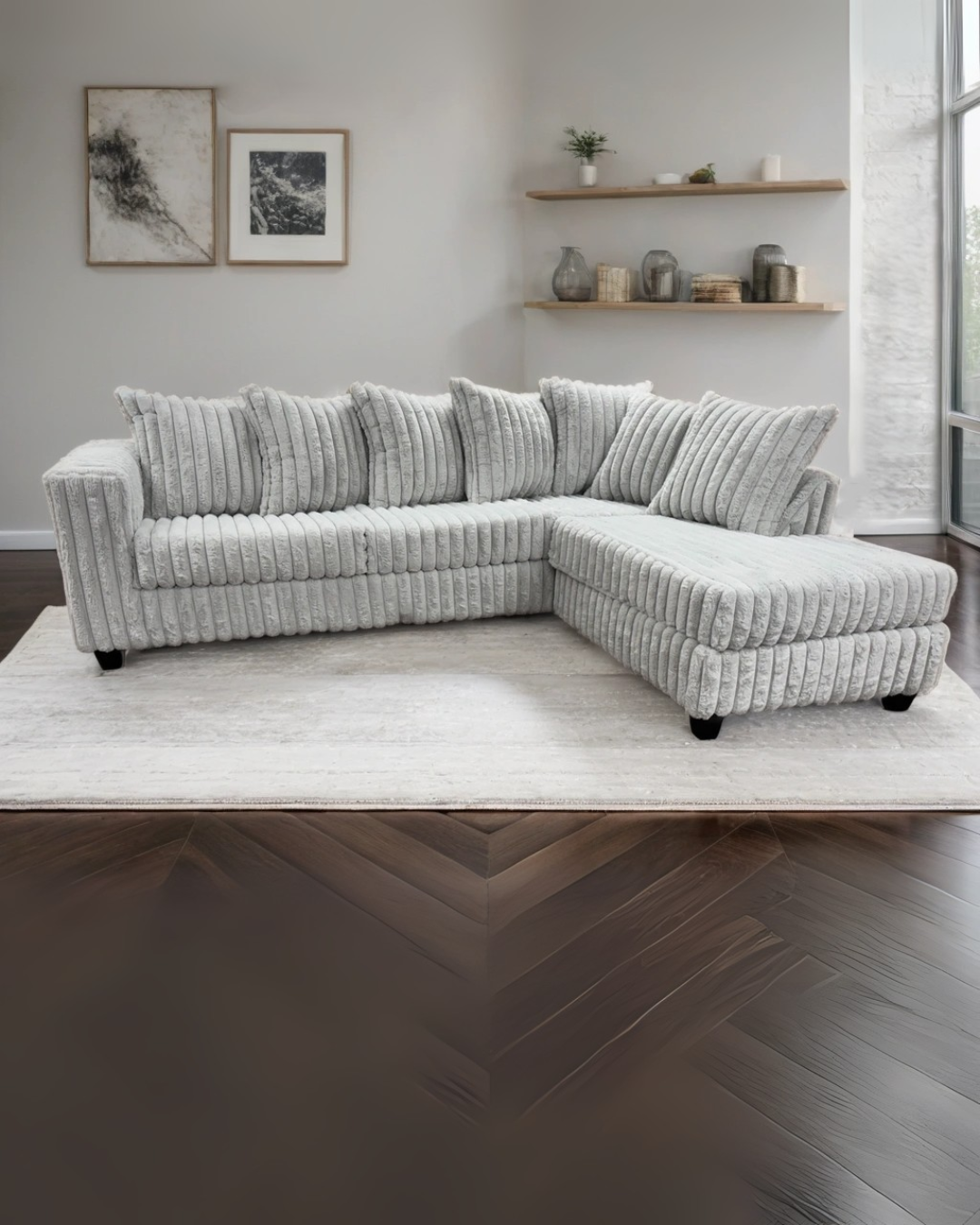 Skyline Plush Light Gray Sectional – Modern Ribbed Upholstery for Small Living Rooms