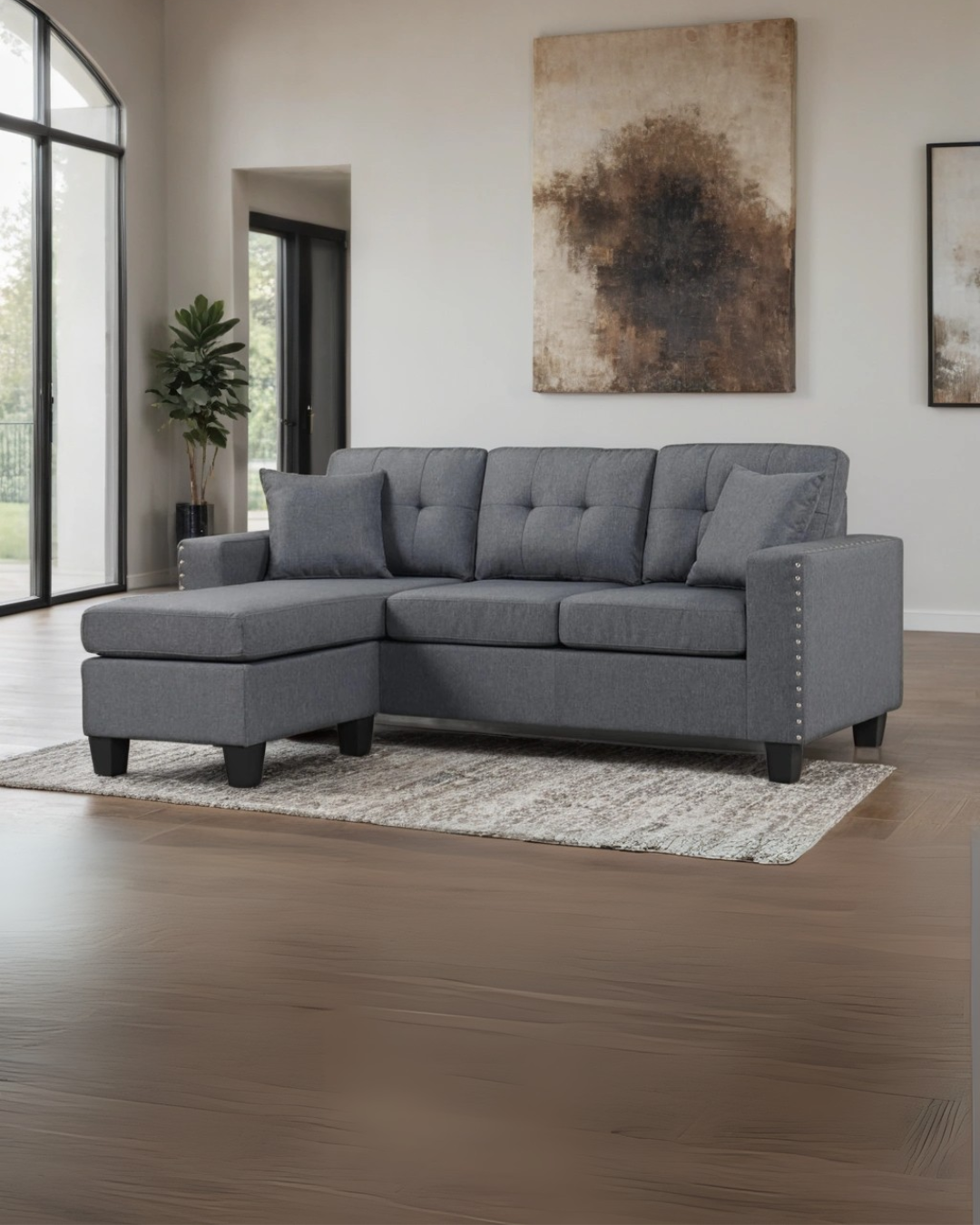 Graphite Gray Modern Tufted Sectional Sofa with Chaise – Space-Saving Living Room Furniture