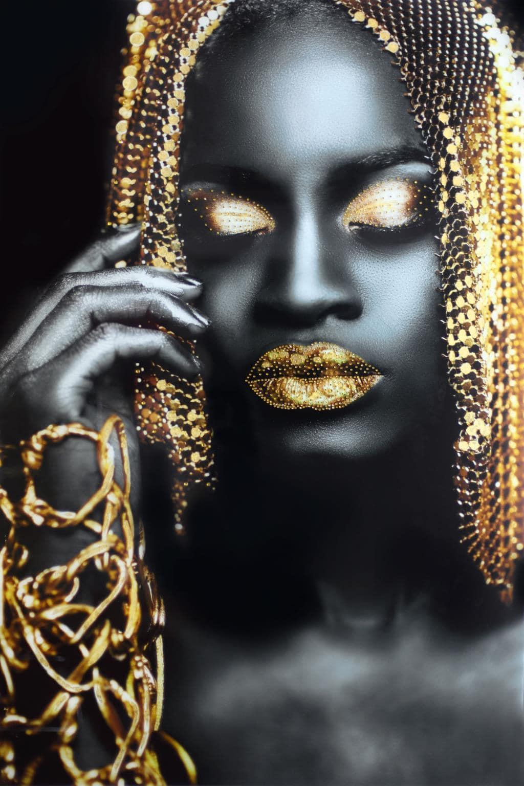 Golden Muse Tempered Glass Wall Art — Black & Gold Portrait