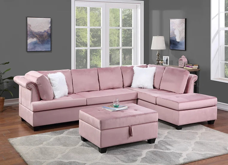 Pink Velvet Sectional Sofa with Storage Ottoman – Space-Saving Living Room Furniture for Small Apartments - Galaly Furniture TX