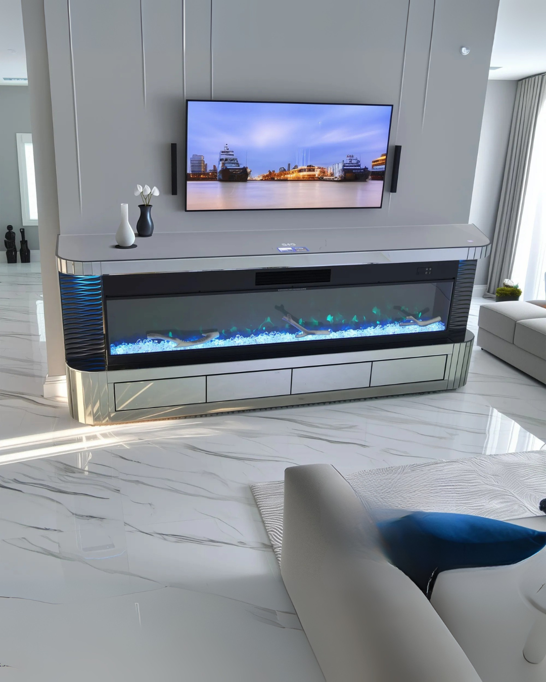 Sleek White Media Console Table with Modern Electric Fireplace Accent