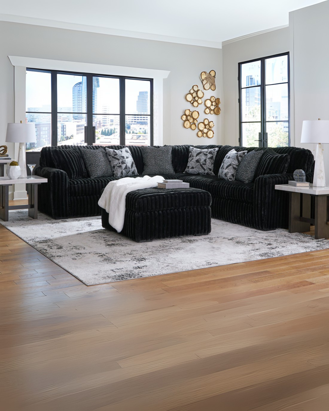 Urban Luxe Black Corduroy Sectional Sofa Set with Ottoman – Space-Saving Living Room Furniture