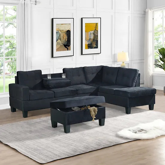 Black Velvet Sectional Sofa with Storage Ottoman – Space-Saving Living Room Set for Small Apartments - Galaly Furniture TX