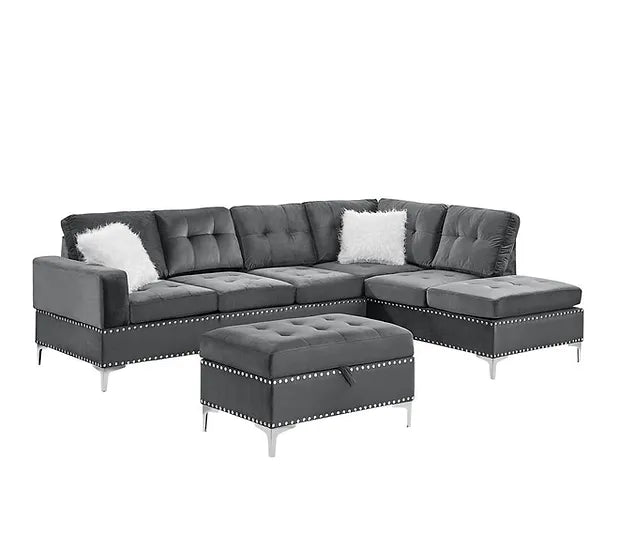 Grey Velvet Reversible Sectional with Storage Ottoman & Drop-Down Table – Small Space Living Room Solution - Galaly Furniture TX