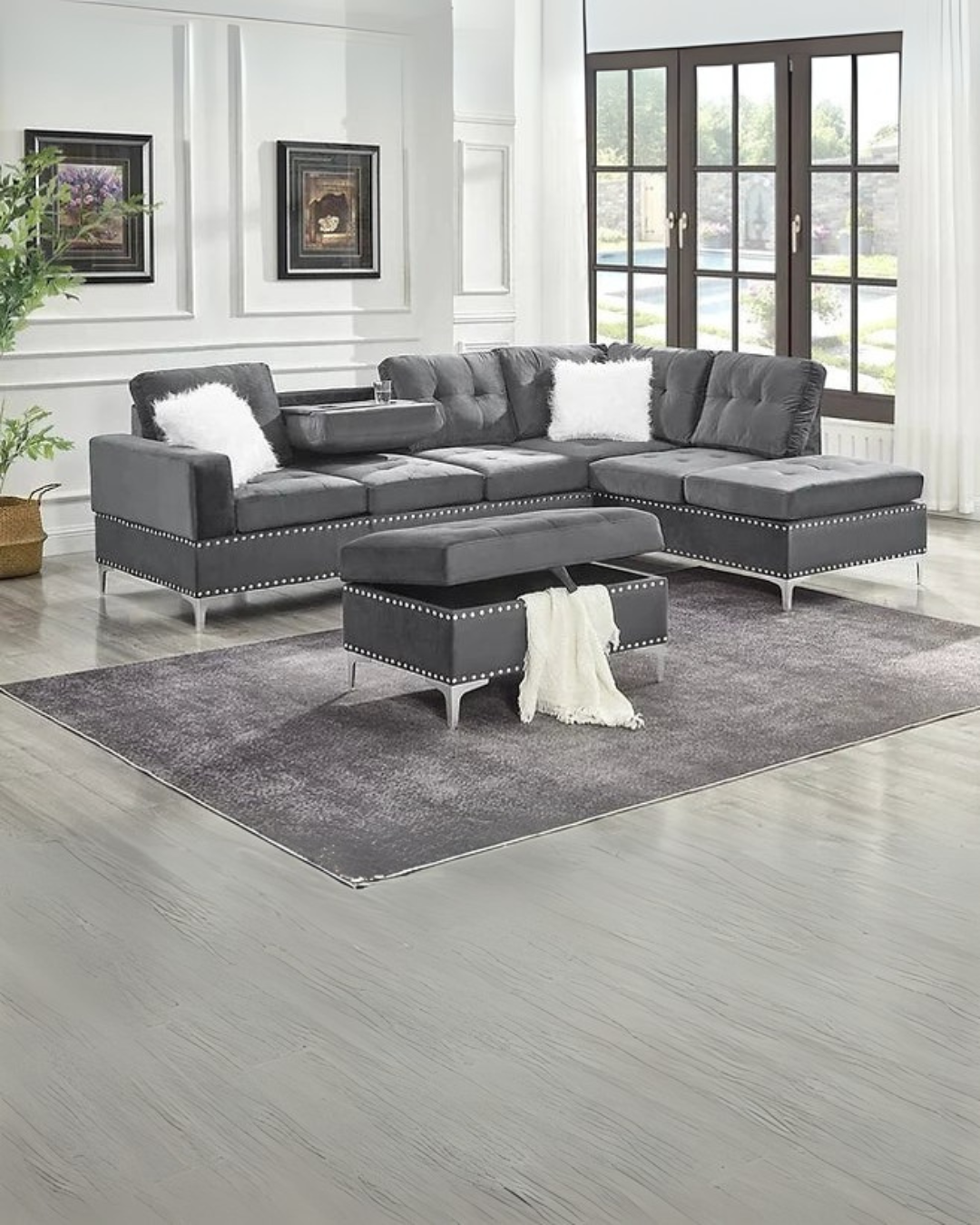 Charcoal Gray Tufted Sectional Sofa Set with Ottoman and Silver Nailhead Accents – Modern Apartment Living Room Furniture