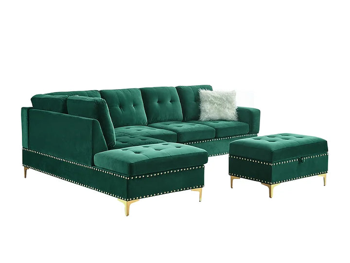 Green Velvet Reversible Sectional Sofa with Storage Ottoman & Drop-Down Table – Small Apartment Living Room Solution - Galaly Furniture TX