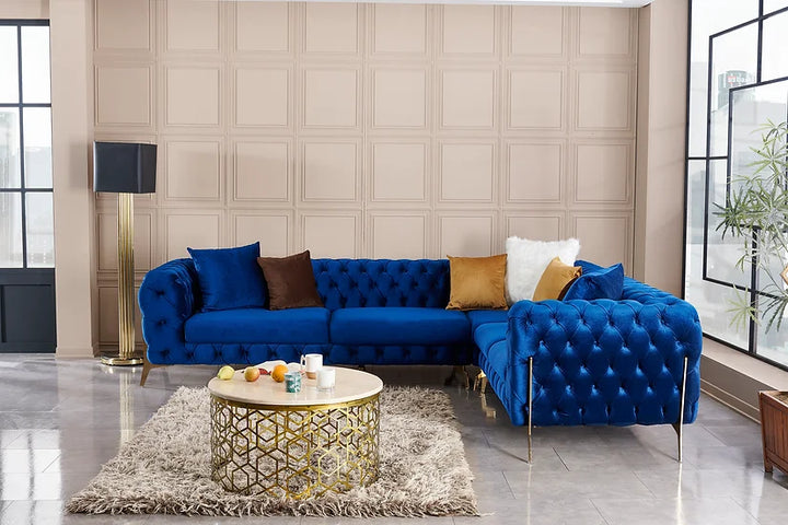 Blue Velvet Sectional Sofa – Space-Saving Living Room Furniture for Small Apartments, 119" x 100" - Galaly Furniture TX