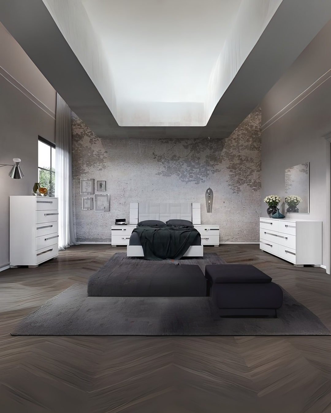 Pearl White & Charcoal Modern Bedroom Set with Space-Saving Storage Solutions