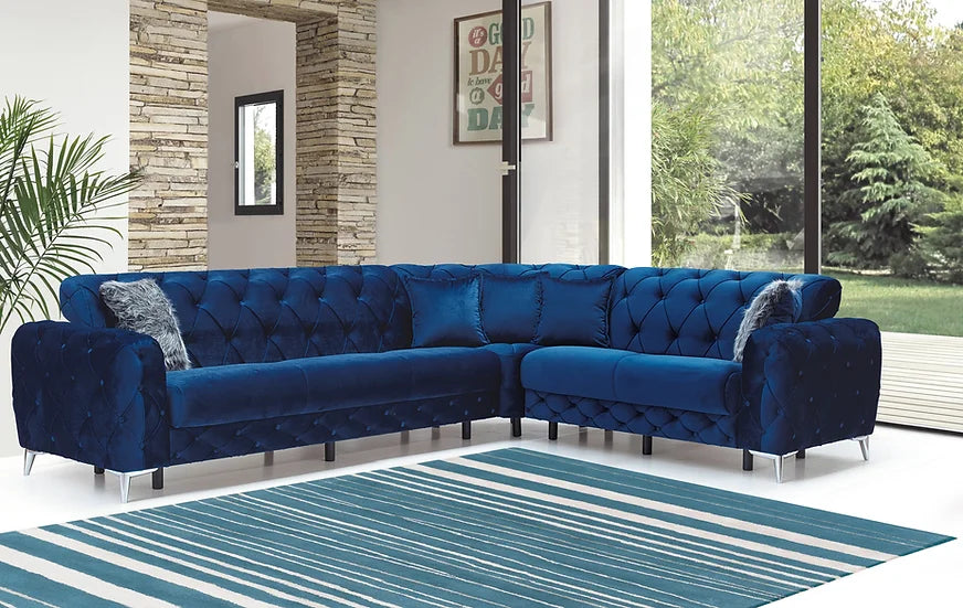 Blue Velvet Sectional Sofa – Space-Saving Living Room Seating for Small Apartments, 124"W x 98"L - Galaly Furniture TX