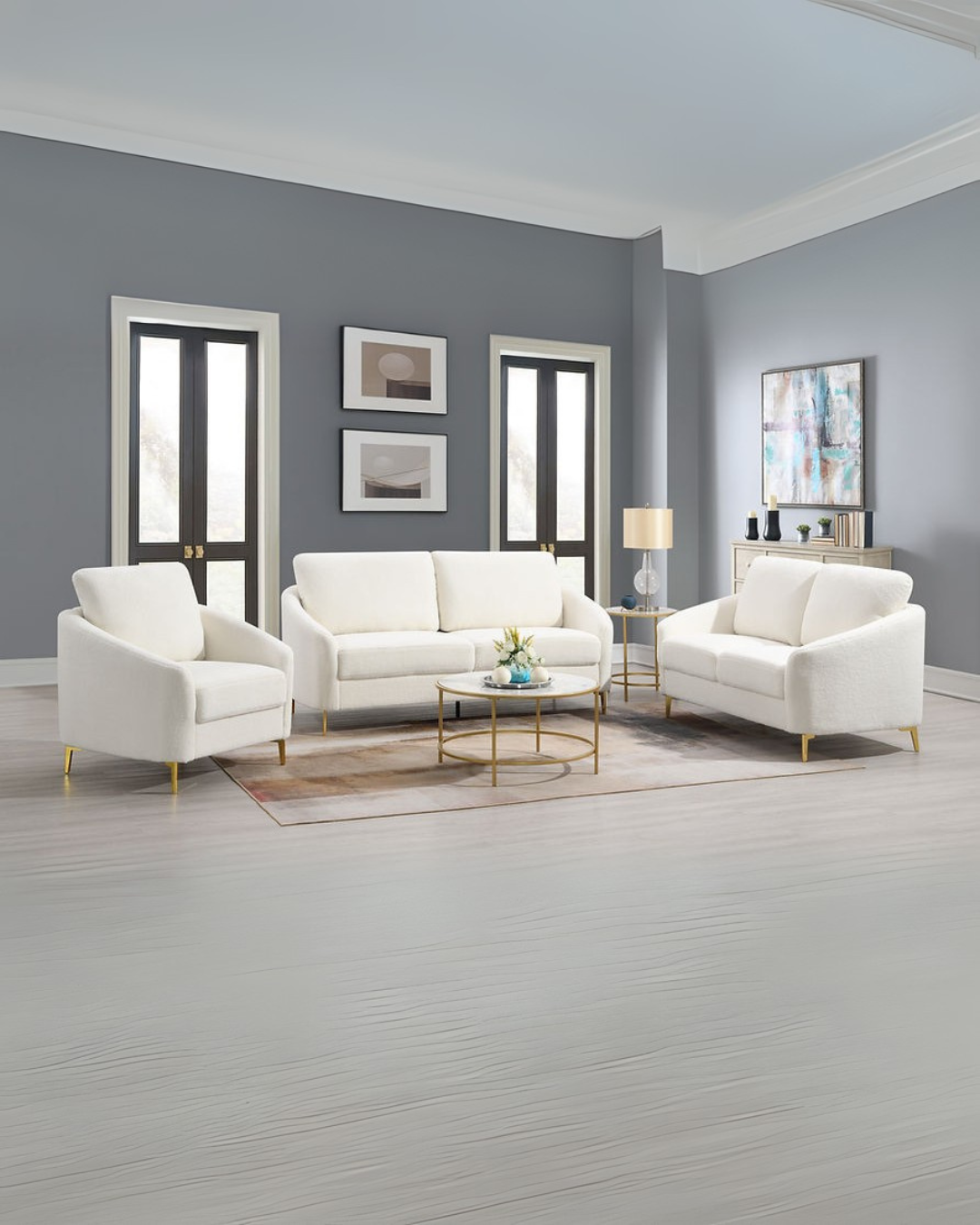 Creamy White Modern Living Room Sofa Set with Gold Accents – Apartment-Friendly Design