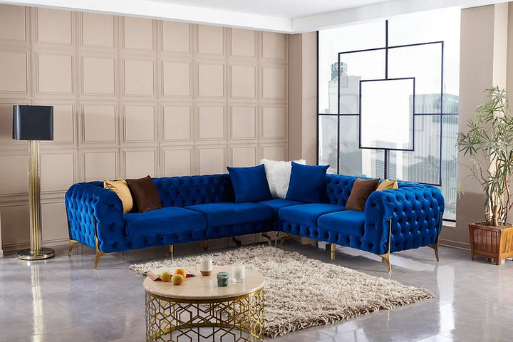 Blue Velvet Sectional Sofa – Space-Saving Living Room Furniture for Small Apartments, 119" x 100" - Galaly Furniture TX