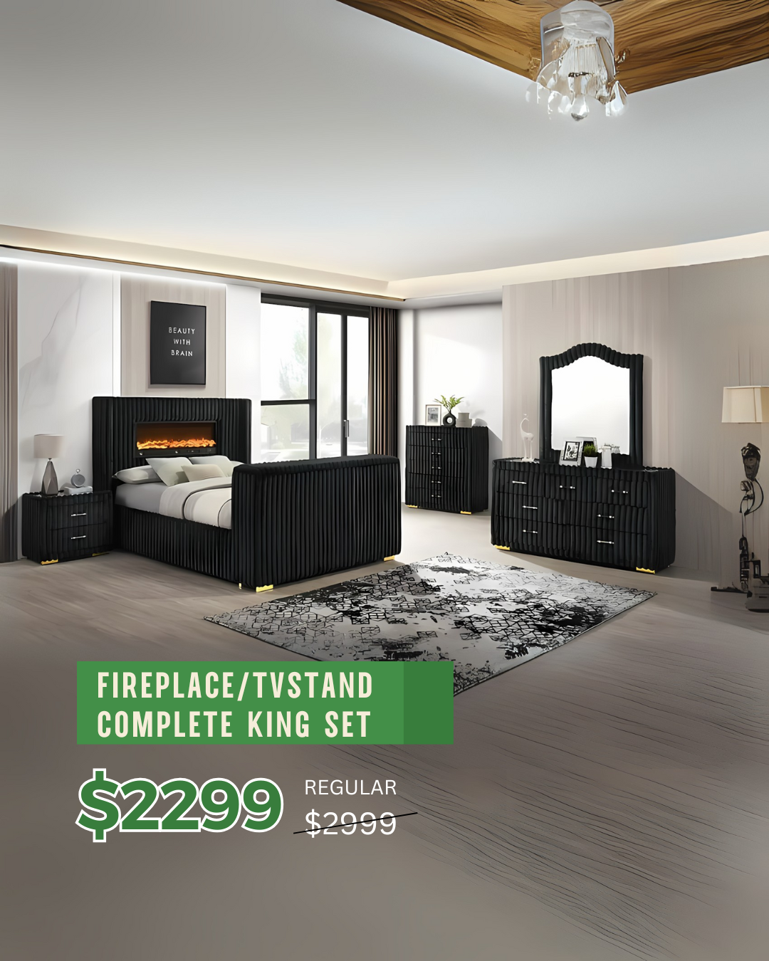 Modern Black King Bedroom Set with Fireplace Headboard & TV Stand – Space-Saving Elegance