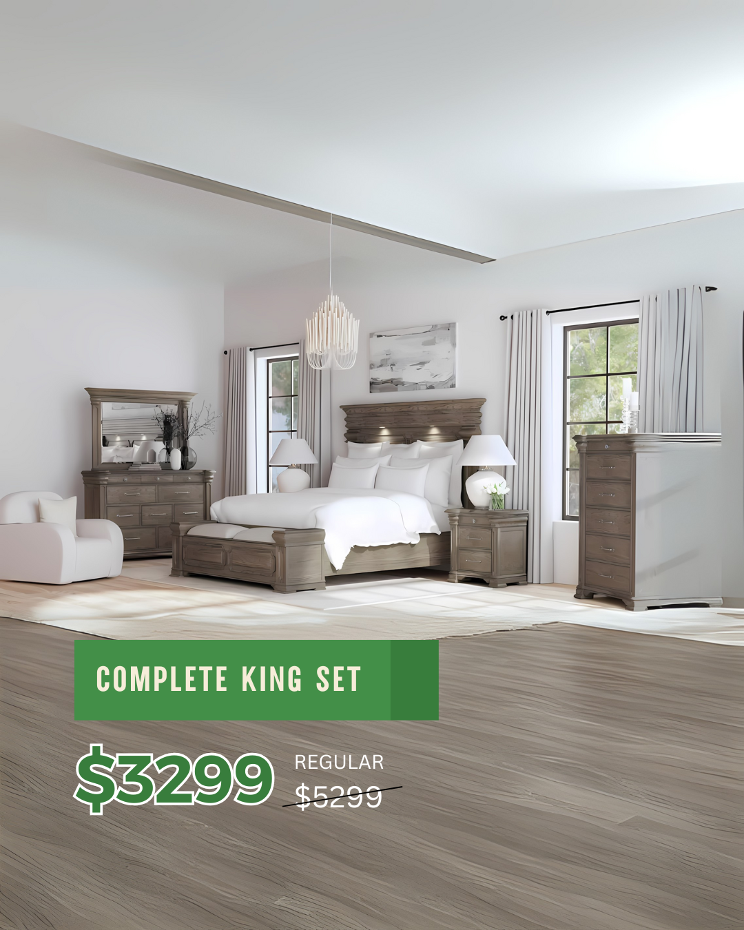 Modern Rustic King Bedroom Set with Weathered Gray Finish & Storage – 5-Piece Space-Saving Suite