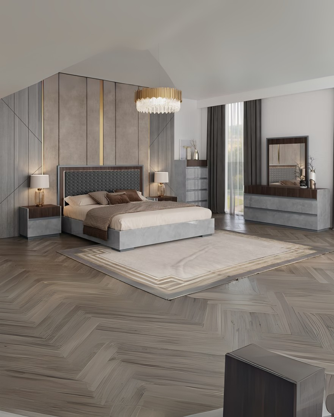 Sable Modern Bedroom Set with Geometric Accents in Dark Brown & Beige Upholstery
