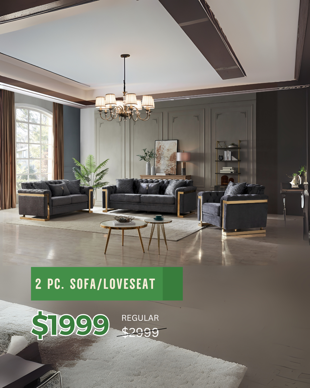 Modern Charcoal Velvet Sofa & Loveseat Set with Gold Accents – Space-Saving Living Room Furniture