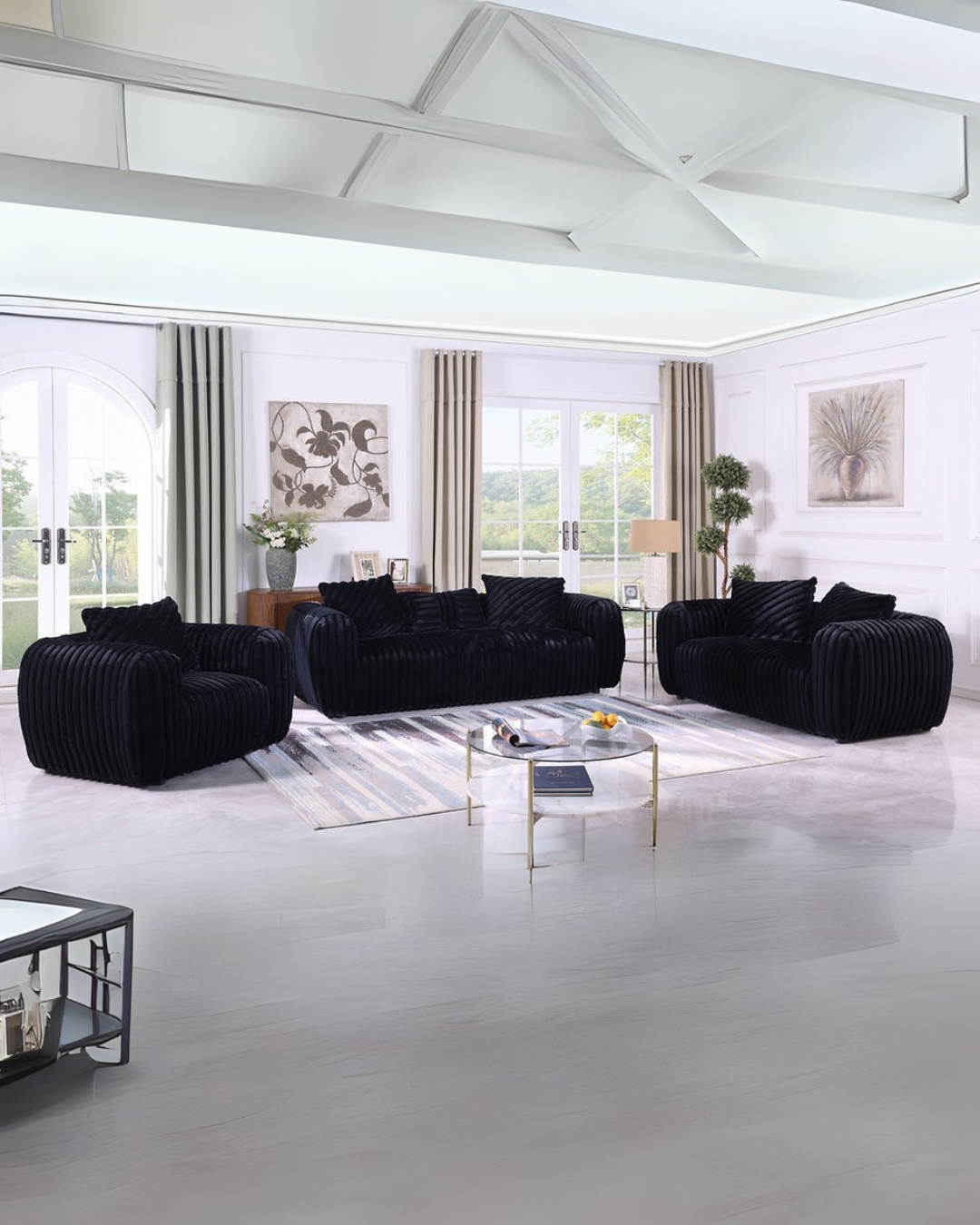 Modern Black Velvet Living Room Sofa Set – Space-Saving Elegance for Apartments