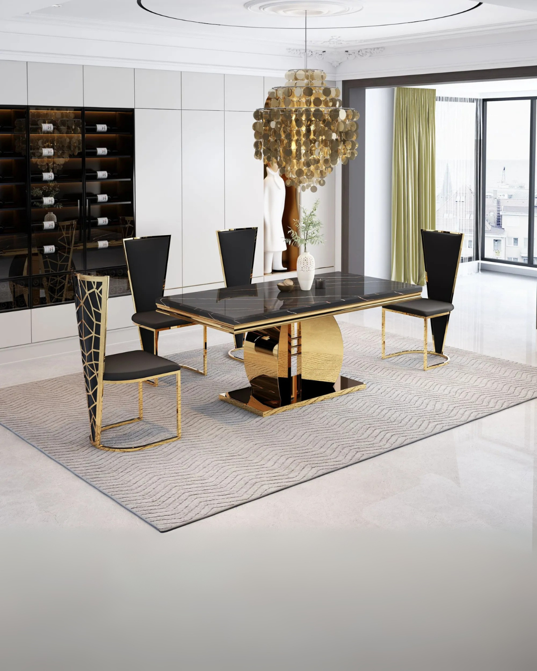 Modern Luxe Black and Gold Dining Set with Geometric Accents – Space-Saving Elegance