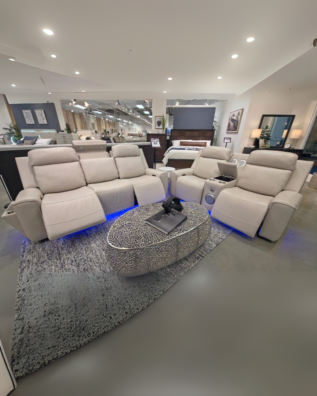 Warm Beige Modern Reclining Sofa Set with LED Accents & Textured Coffee Table – Space-Saving Living Room Solution