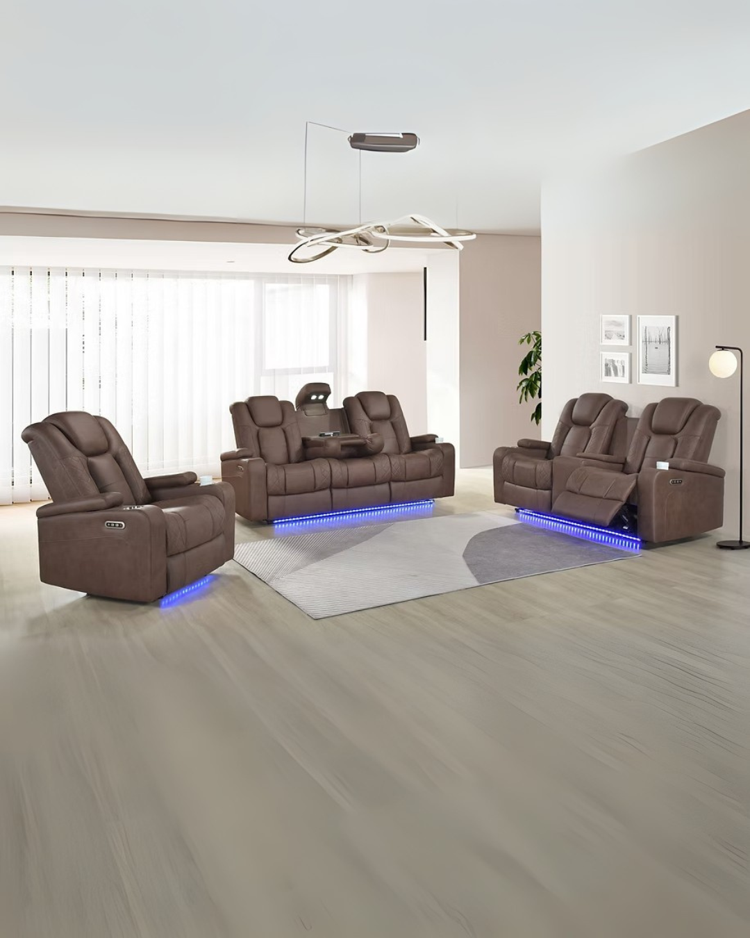 Contempo Luxe Chocolate Brown Leather Reclining Sofa Set with LED Accent Lighting