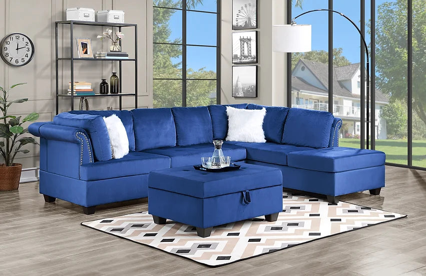 Blue Velvet Sectional with Storage Ottoman – Space-Saving Living Room Solution for Small Apartments - Galaly Furniture TX