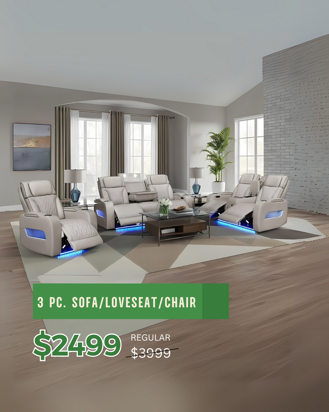 Contemporary Cream Reclining Sofa Set with LED Accents – 3-Piece Living Room Furniture for Small Spaces