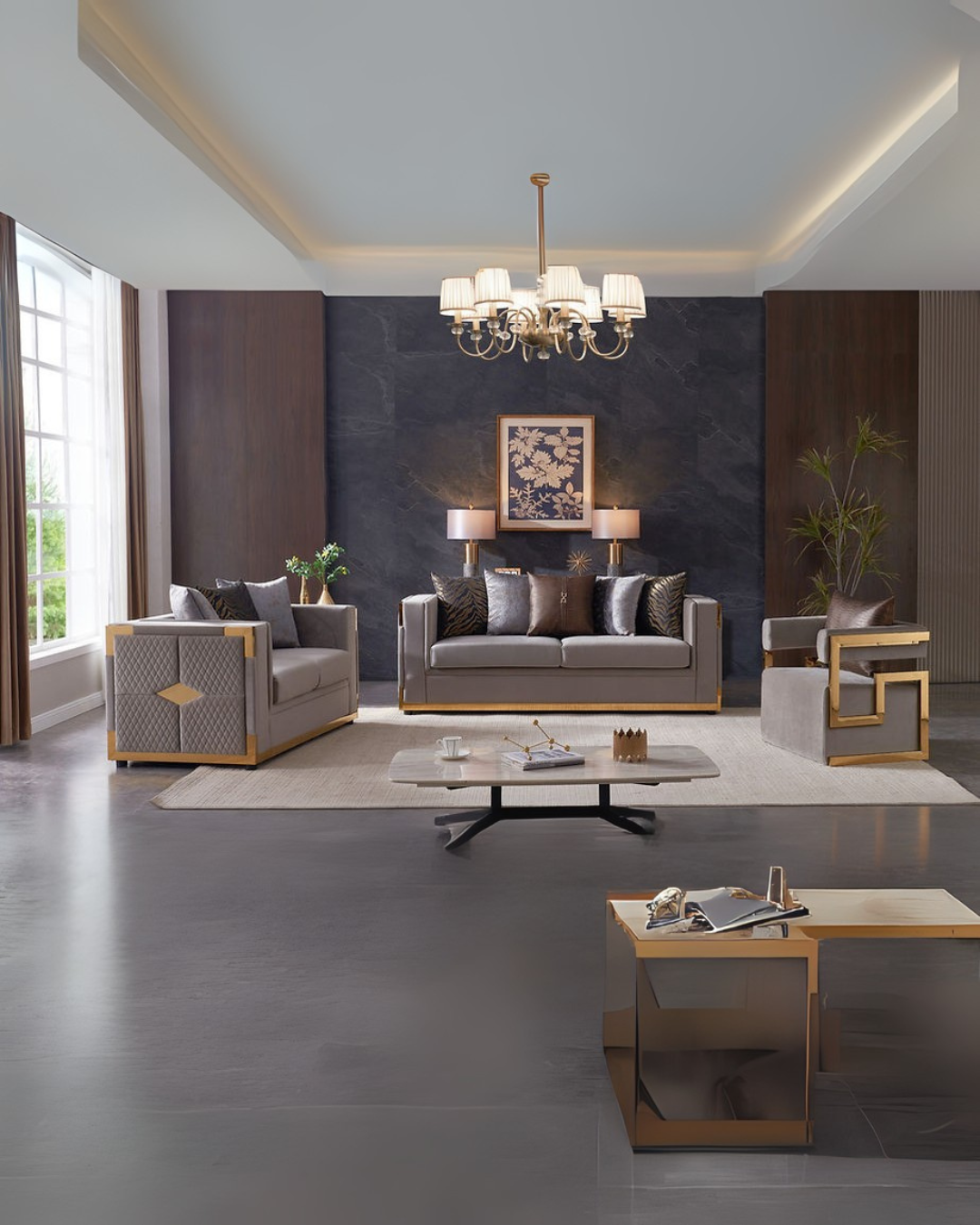 Athena Light Blue-Grey Living Room Set with Quilted Accents and Modern Coffee Tables