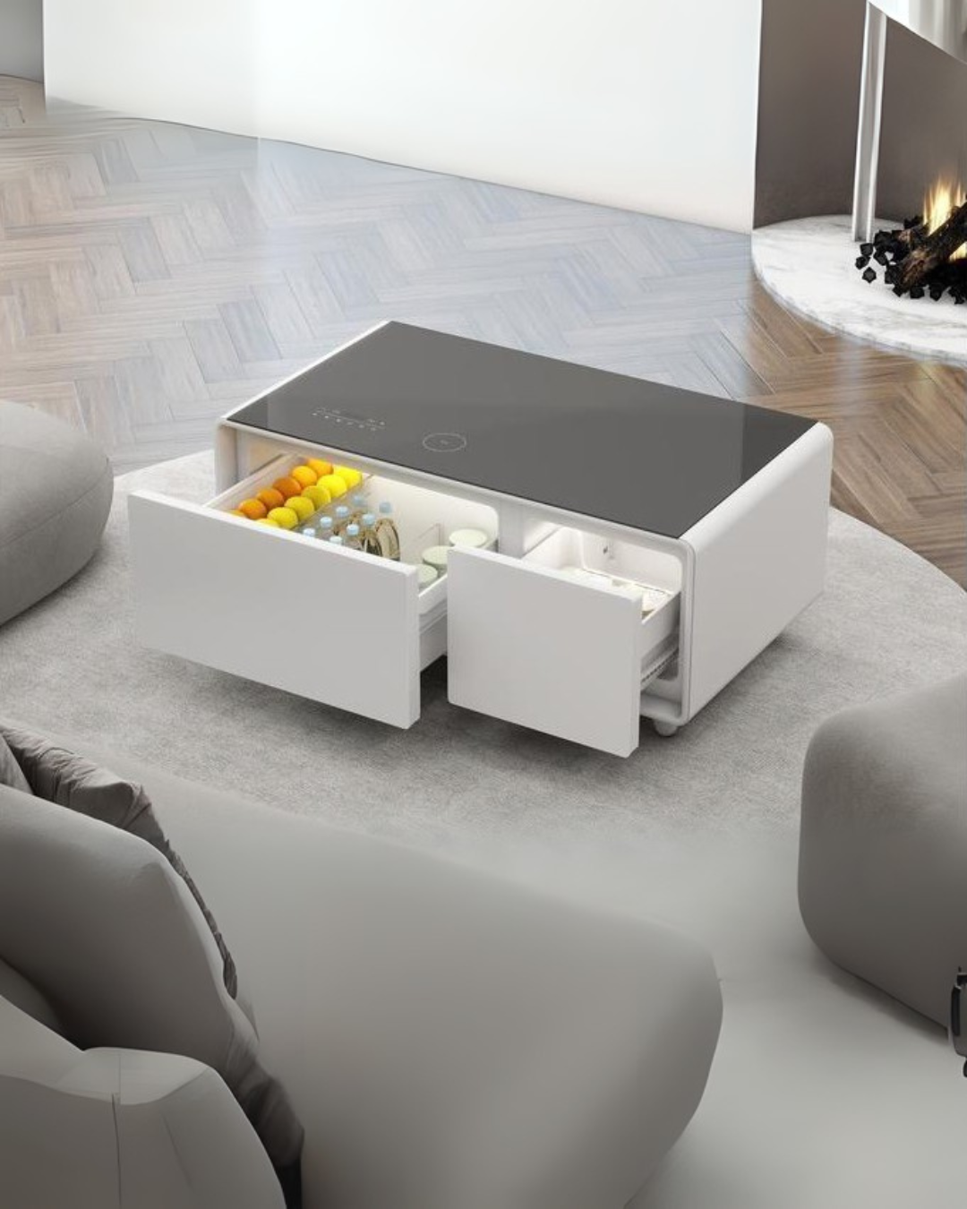 Modern Multi-Function Coffee Table with Built-In Mini Fridge – White & Black Living Room Centerpiece