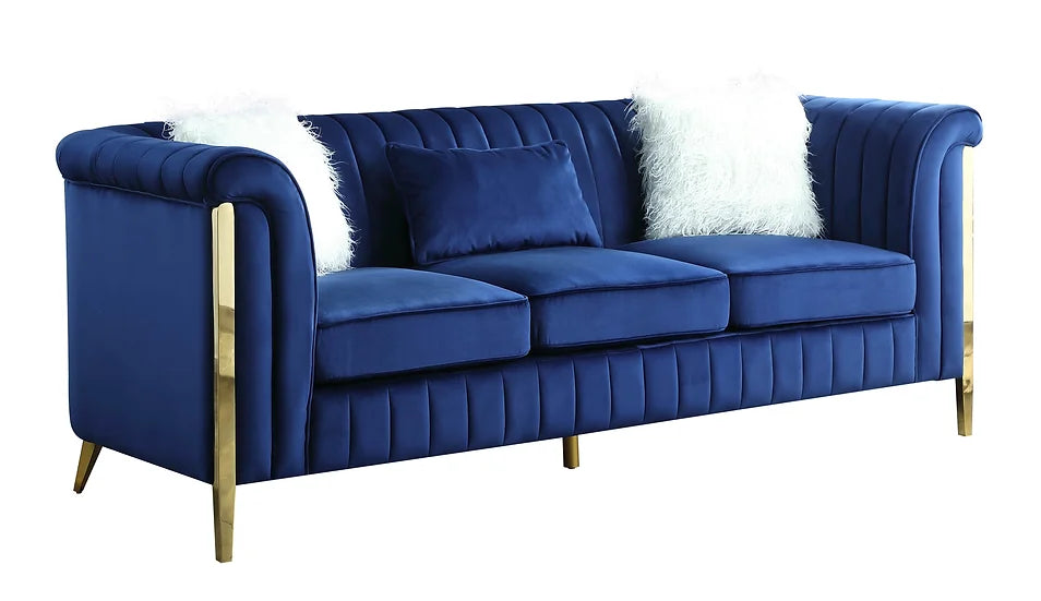Blue Velvet Sofa & Loveseat Set with Gold Legs – Space-Saving Living Room Furniture for Apartments - Galaly Furniture TX