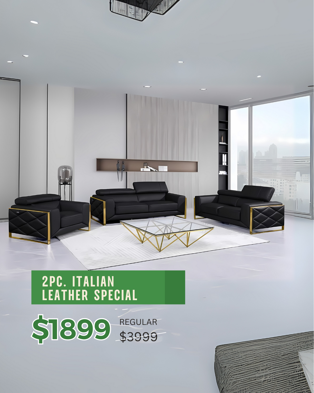 Modern Black Leather Sofa Set with Gold Trim – Space-Saving Living Room Elegance