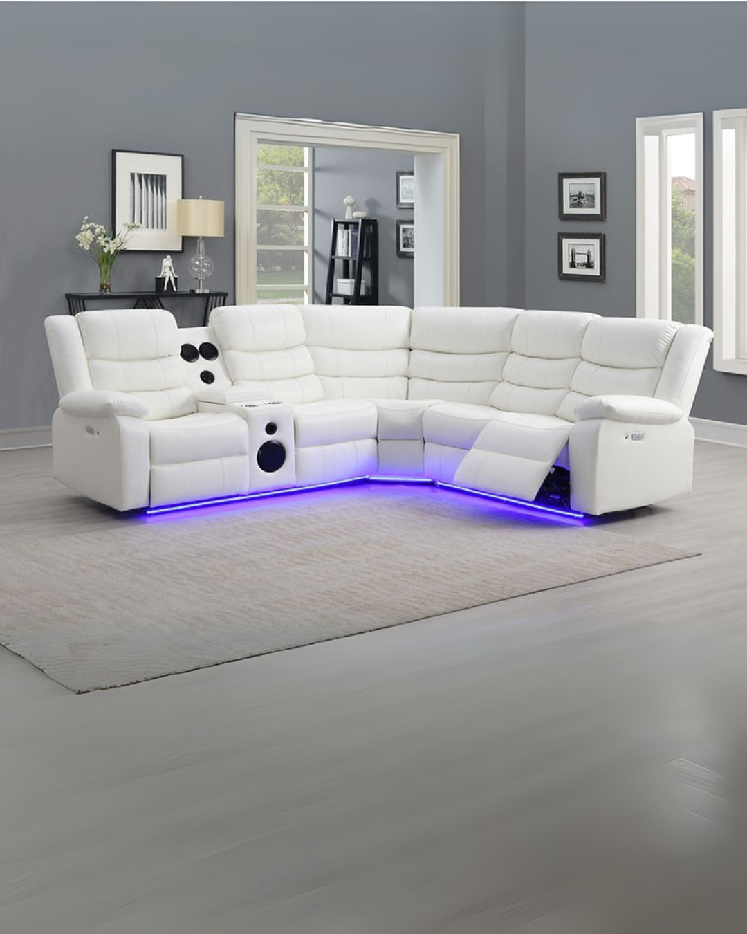 Bright White Leather Reclining Sectional Sofa with LED Accents – Space-Saving Living Room Furniture