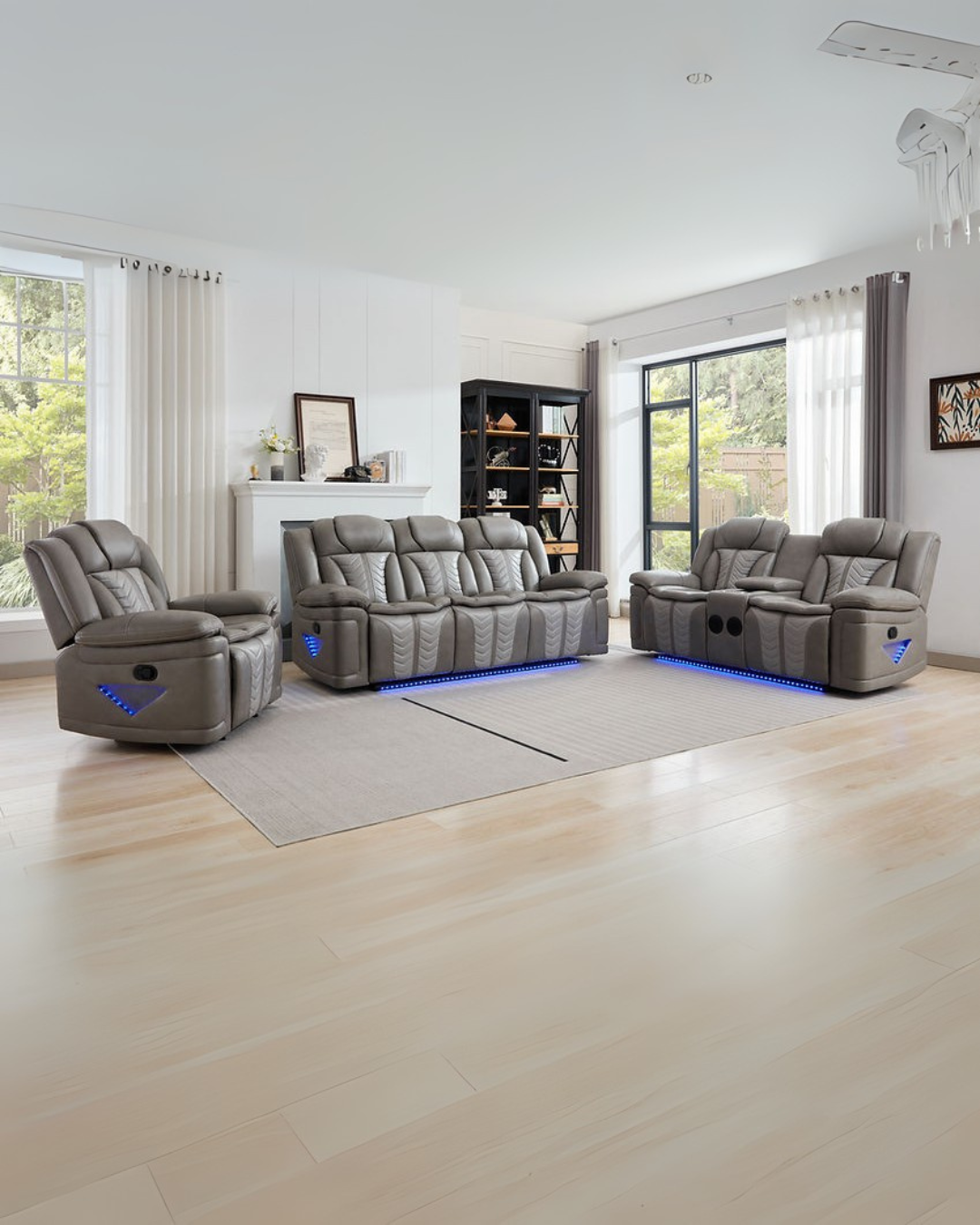 Taupe Gray Leather Power Reclining Living Room Set with LED Accents – Space-Saving Sofa, Loveseat & Chair