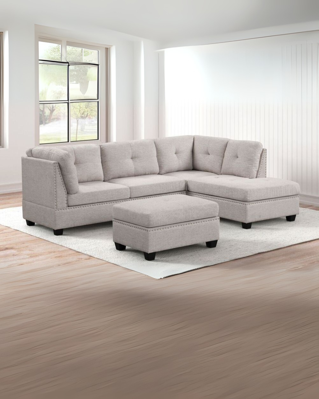 Warm Stone Gray Sectional Sofa Set with Ottoman – Modern Space-Saving Living Room Furniture
