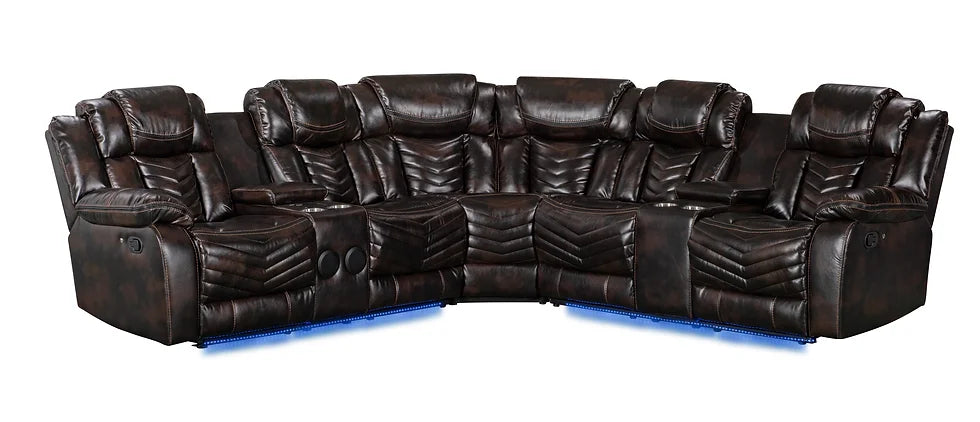 Brown Air Leather Sectional Recliner with LED, Bluetooth Speakers & Console – Space-Saving Living Room Solution - Galaly Furniture TX