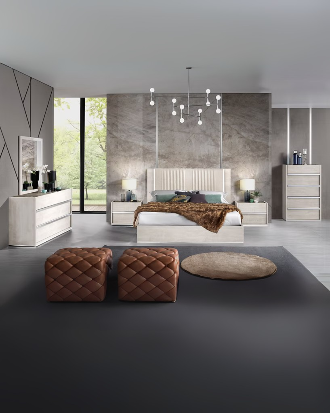 Modern White & Gray Bedroom Set with Quilted Brown Ottomans – Space-Saving Elegance for Apartments