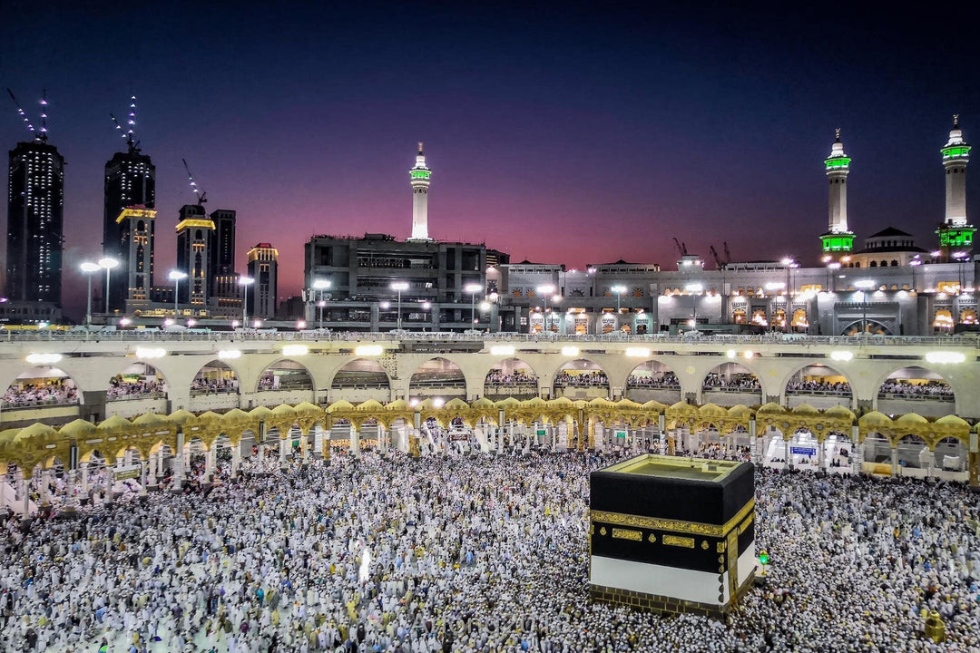 Kaaba Twilight Tempered Glass Wall Art — Frameless Mosque Panorama