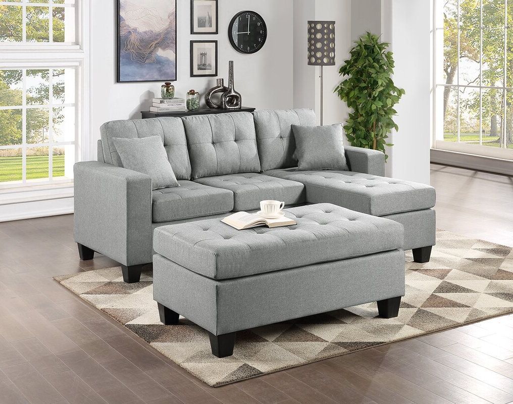 Light Grey Microfiber Sectional Living Room Set – Space-Saving Sofa, Love Seat & Ottoman for Small Apartments