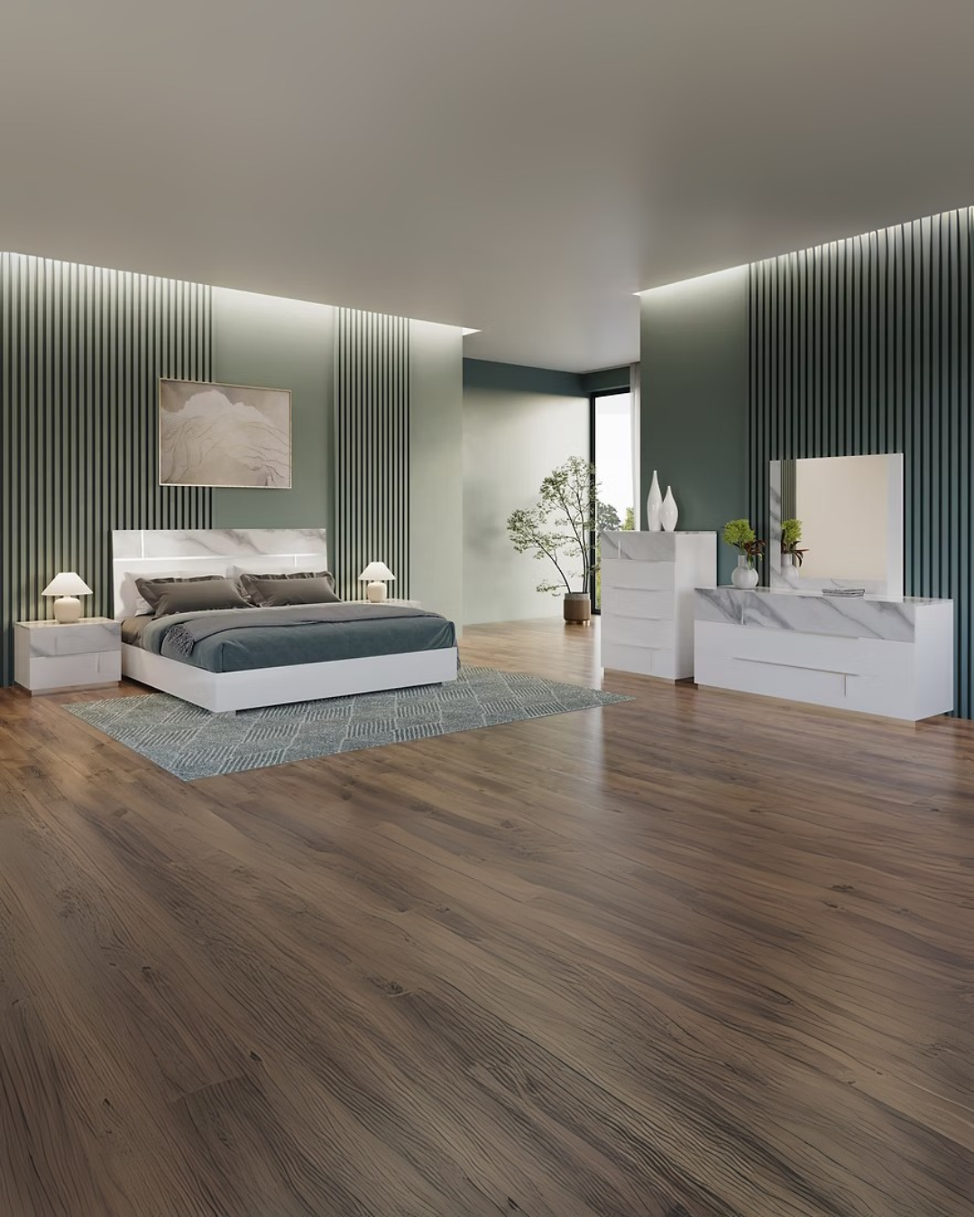 Mint White Oak Modern Bedroom Set with Sleek Storage & Marble Accents