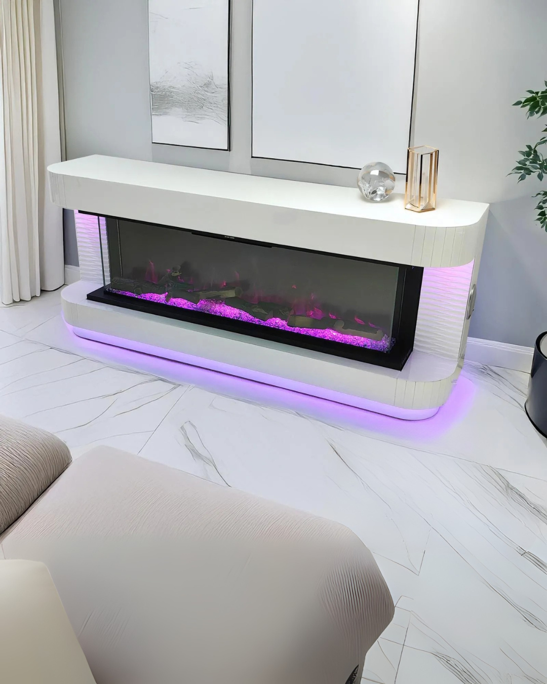 Luminous White Modern Console Table with LED Fireplace Accent – Space-Saving Living Room Elegance