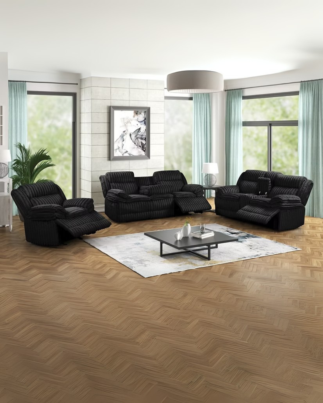 Deep Charcoal Modern Reclining Living Room Set – Plush Space-Saving Sofa & Loveseat Combo