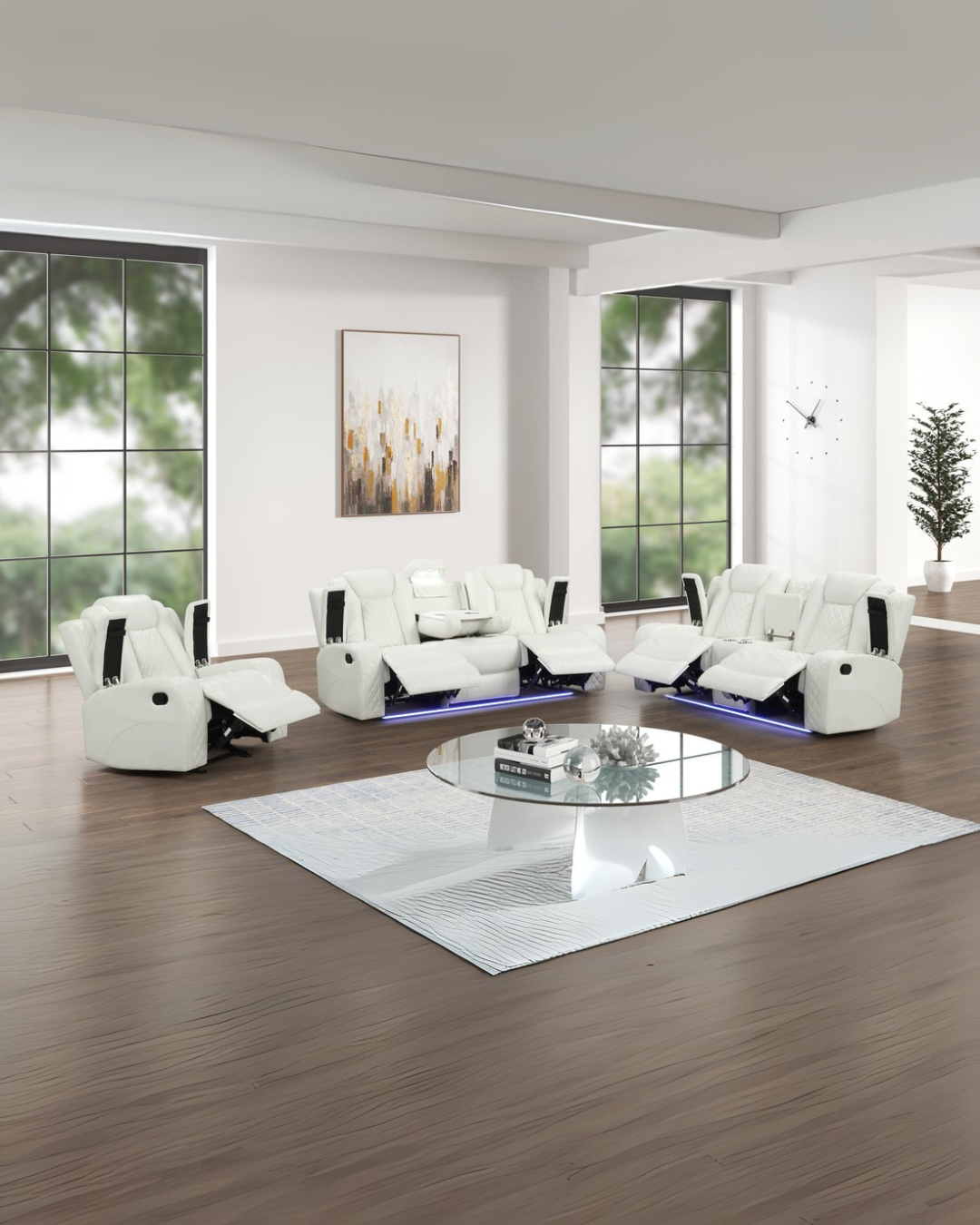 Pure White Leather Power Reclining Living Room Set with LED Base & Modern Glass Coffee Table