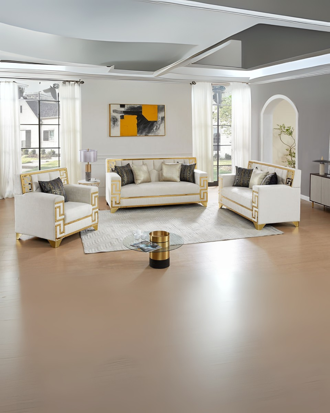 Modern Greek Key Living Room Set with White and Gold Accents – Space-Saving Sofa, Loveseat & Chair Ensemble