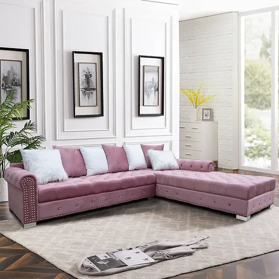 Pink Velvet Sectional Sofa – Compact Living Room Seating for Small Apartments, 111"W x 90"L - Galaly Furniture TX