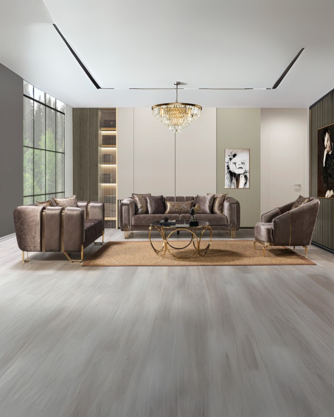 Mocha Brown Velvet Living Room Set with Gold Accents and Modern Coffee Tables – Small Space Solution