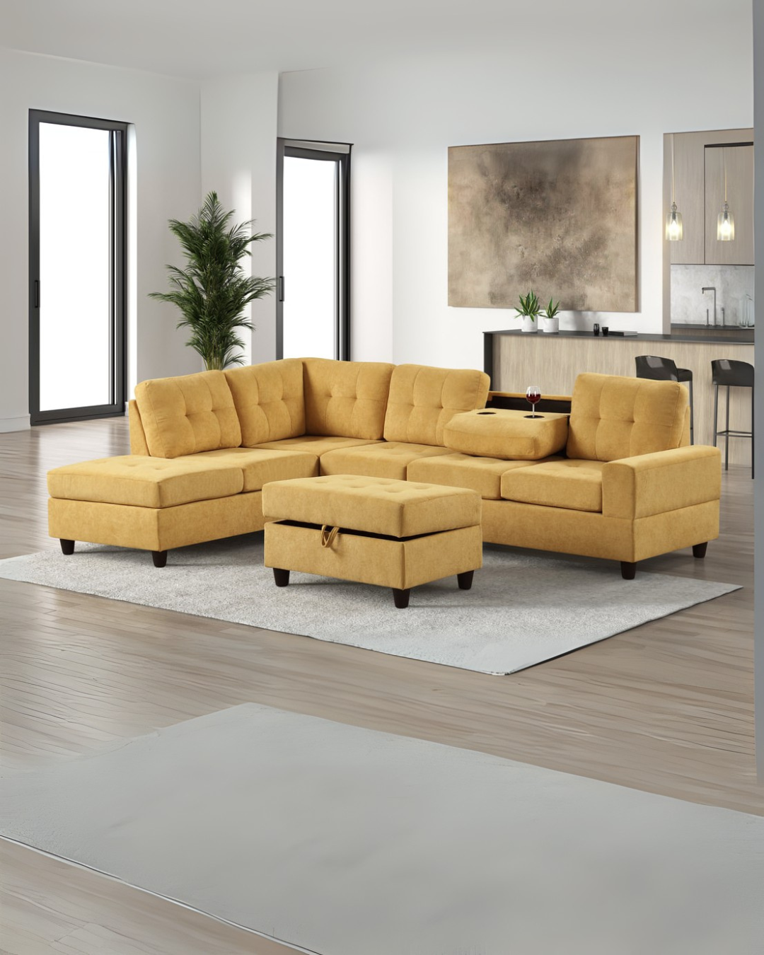 Mustard Yellow Modern Sectional Sofa Set with Ottoman – Space-Saving Living Room Comfort