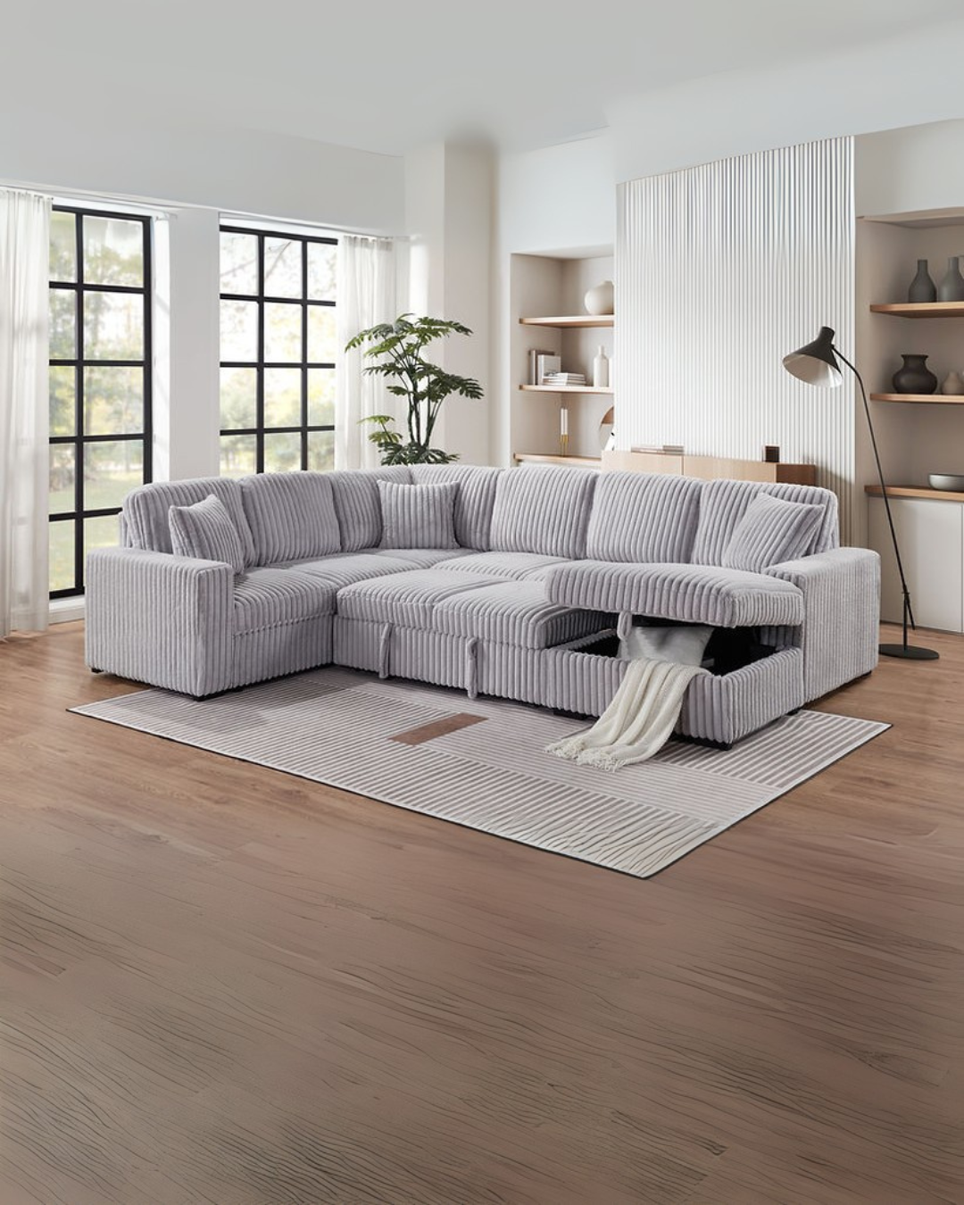 Luxe Corduroy Light Gray Sectional with Storage – Modern Small Apartment Living Room Sofa